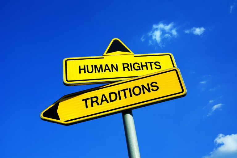 Human Rights Or Traditions Traffic Sign With Two Options Collision